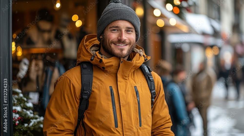 An Storefront with a strong masculine aesthetic as handsome man shop for outdoor gear and gadgets An Storefront with a strong masculine aesthetic as handsome man shop for outdoor gear and gadgets