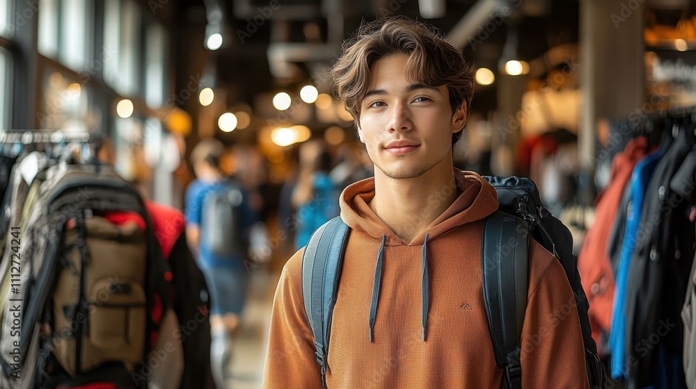 An Storefront with a strong masculine aesthetic as handsome man shop for outdoor gear and gadgets An Storefront with a strong masculine aesthetic as handsome man shop for outdoor gear and gadgets