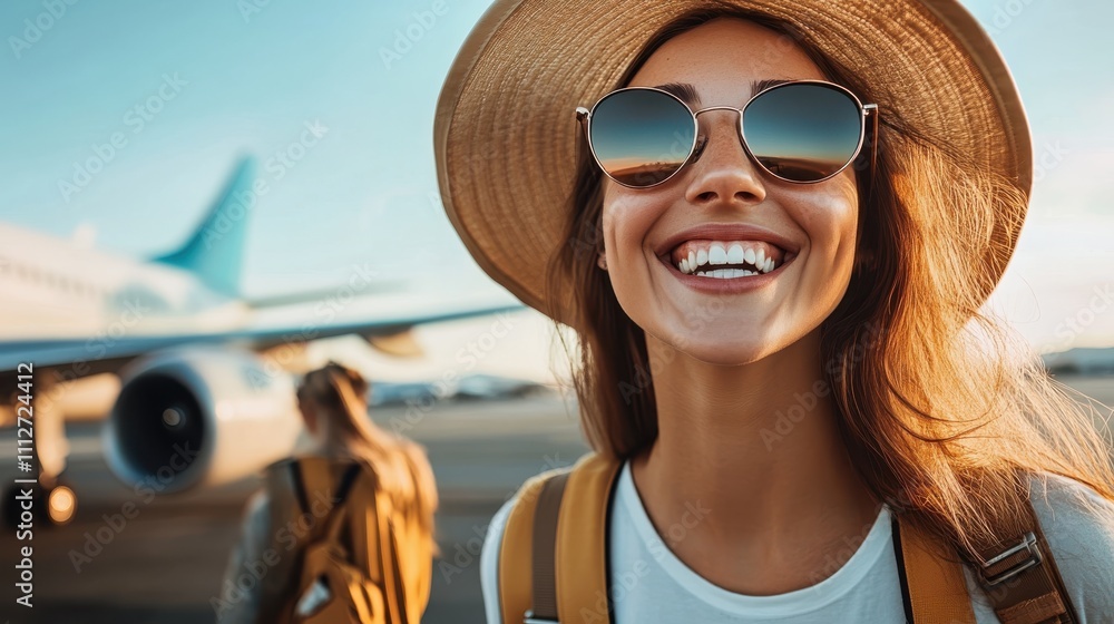 A cheerful traveler in a hat and sunglasses stands near an airplane, embodying the thrill of exploration and the joy of embarking on a new journey. A cheerful traveler in a hat and sunglasses stands near an airplane, embodying the thrill of exploration and the joy of embarking on a new journey.