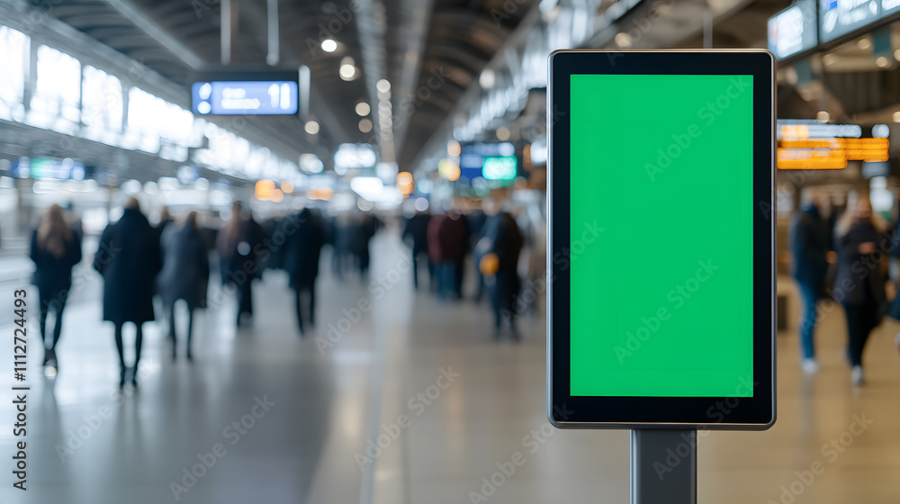 Green screen on a train station digital kiosk, ready for custom content display, set against the bustling background of passengers and transit activity Green screen on a train station digital kiosk, ready for custom content display, set against the bustling background of passengers and transit activity
