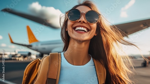 A joyful traveler with a backpack and sunglasses stands near an airplane under sunny skies, representing excitement and anticipation of new adventures. photo