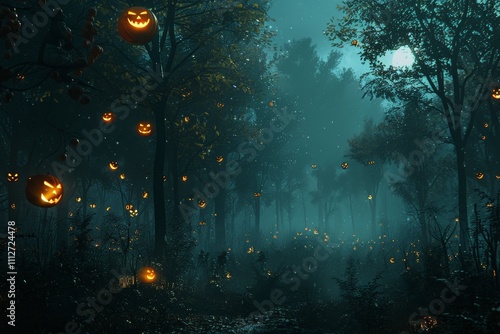 Halloween pumpkins glowing softly in a dark forest, creating an enchanting atmosphere under the night sky. Dark moonlit forest with wandering jack o' lanterns . photo