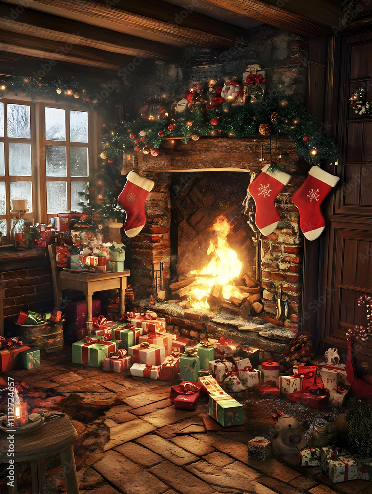 A cozy holiday scene with a fireplace, stockings, and wrapped gifts. A cozy holiday scene with a fireplace, stockings, and wrapped gifts.
