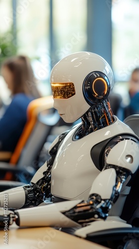 A robot is seated at a desk within a high-tech office environment, exploring themes of automation, machine learning, and the workforce of tomorrow.