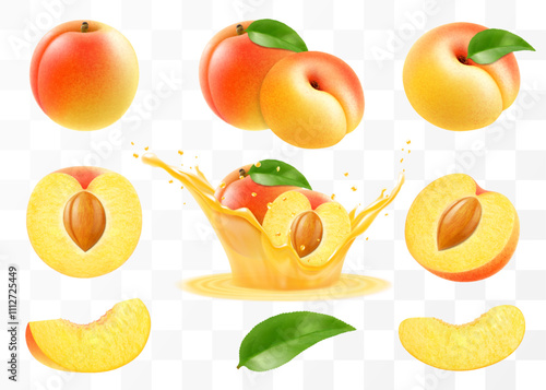 Ripe apricot fruits set. Half, whole and slice of juicy apricot, apricot in a splash of juice, isolated on transparent background. Realistic 3d vector illustration.