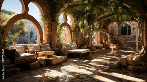 3D render Roman style, Home and Garden background Elegance, Creating antique design of Indoor Spaces architecture decorate vintage concept