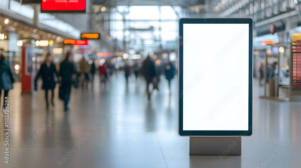 Green screen on a train station digital kiosk, ready for custom content display, set against the bustling background of passengers and transit activity Green screen on a train station digital kiosk, ready for custom content display, set against the bustling background of passengers and transit activity