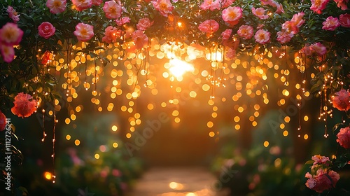 Sweet moment captured as a couple shares a slice of cake under a canopy of string lights and flowers