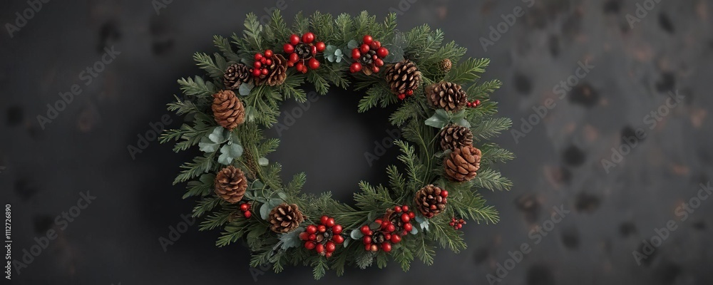A charming Christmas wreath with holly leaves and pinecones on a dark gray background, dark, decorative A charming Christmas wreath with holly leaves and pinecones on a dark gray background, dark, decorative