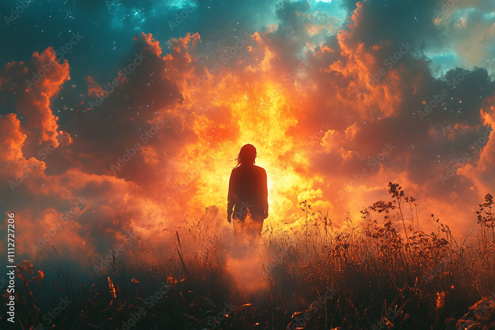 Silhouette Person Walking Towards Fiery Celestial Gate Silhouette Person Walking Towards Fiery Celestial Gate