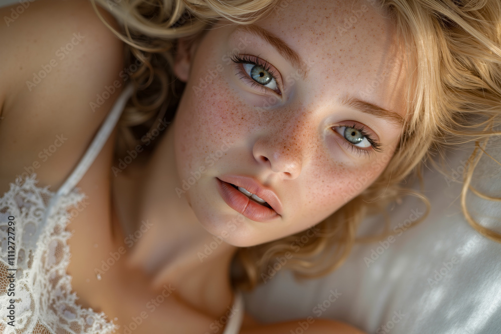 A woman with freckles laying on a bed with her eyes closed A woman with freckles laying on a bed with her eyes closed