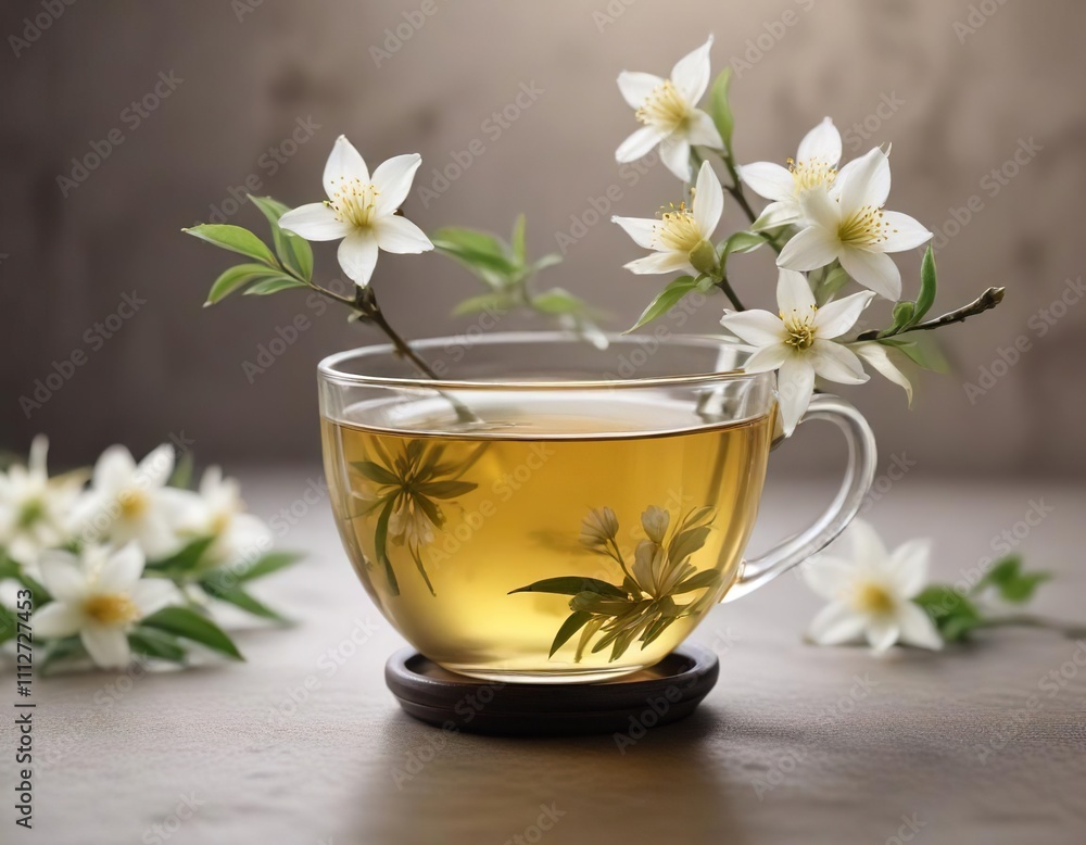 A delicate flower stem placed in a cup of steaming jasmine tea , serenity, vase A delicate flower stem placed in a cup of steaming jasmine tea , serenity, vase