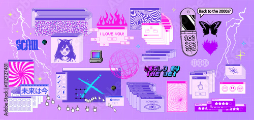 Old pc desktop, retro interface with windows, buttons, panels, tools. Retro operating system, windows with y2k elements. Old computer desktop, UI, programs, icons, pixel style. Neon graphic set