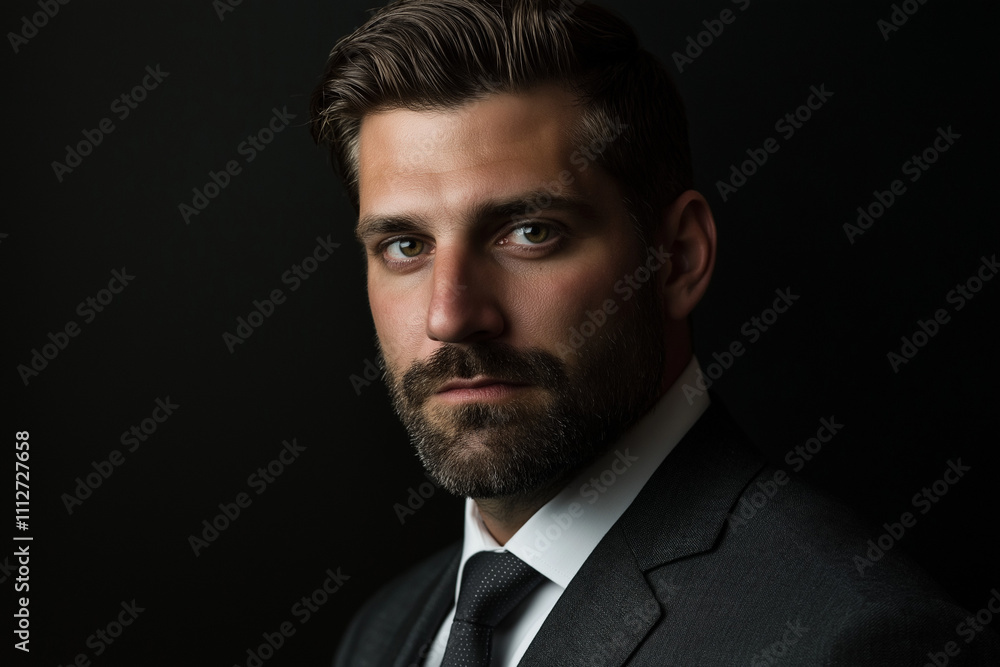 Professional portrait of a bearded man in a formal suit and tie, posed against a black background, exuding confidence and sophistication in a sleek, minimalist setting Professional portrait of a bearded man in a formal suit and tie, posed against a black background, exuding confidence and sophistication in a sleek, minimalist setting