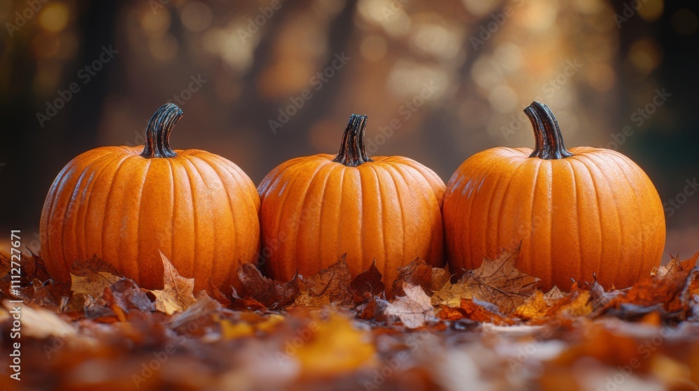 Three Pumpkins in Autumn Leaves: A Fall Harvest Scene Three Pumpkins in Autumn Leaves: A Fall Harvest Scene