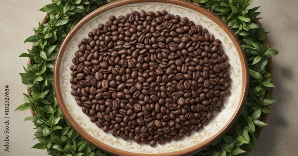 A detailed photo of coffee beans arranged in a decorative pattern on a plate with green plants, food decor, plate arrangement, greenery A detailed photo of coffee beans arranged in a decorative pattern on a plate with green plants, food decor, plate arrangement, greenery