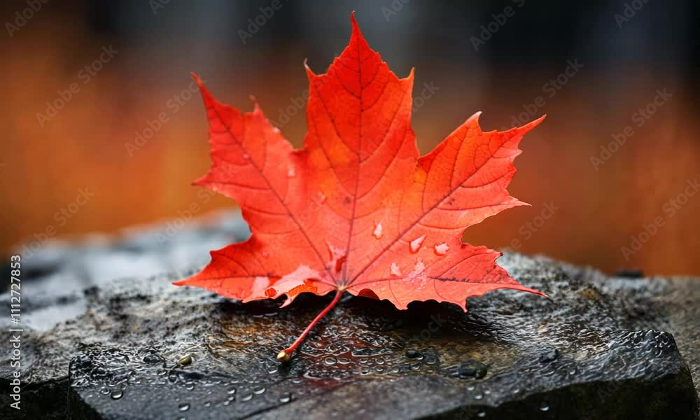 Autumn's vibrant delight as a single red leaf rests peacefully on a stone surface Autumn's vibrant delight as a single red leaf rests peacefully on a stone surface