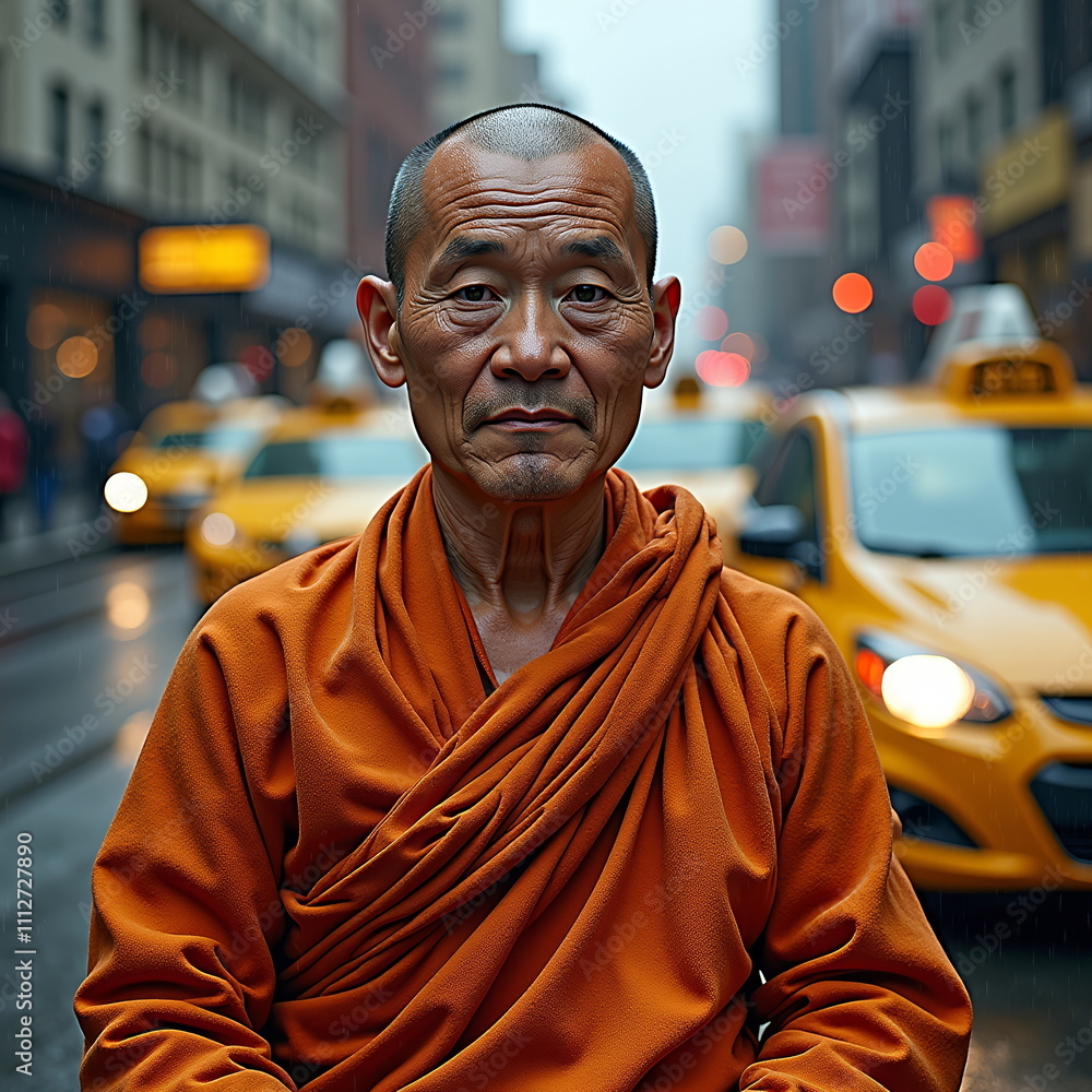 Buddhist monk contemplative in bustling city street Buddhist monk contemplative in bustling city street