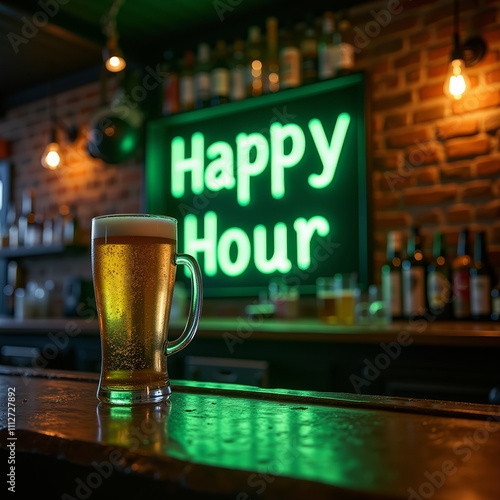 Beer mug on bar counter with happy hour neon sign