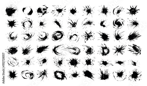 Comic speed effect. Black color smash explosion and blast, detonation impact swirl curved traces, arcade game monochrome animation assets isolated vector on white background