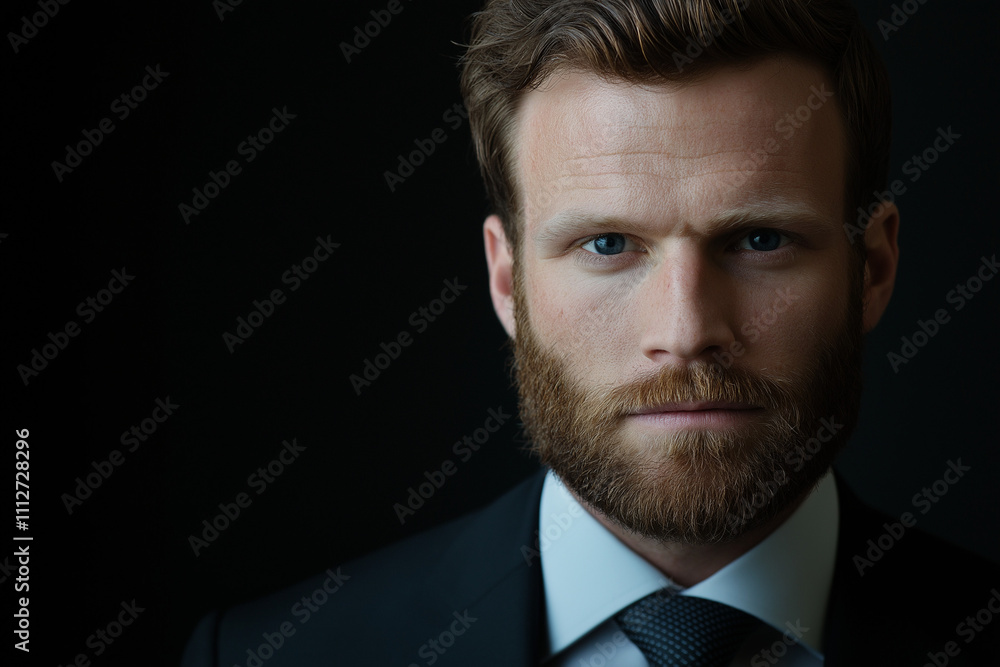 Professional portrait of a bearded man in a formal suit and tie, posed against a black background, exuding confidence and sophistication in a sleek, minimalist setting Professional portrait of a bearded man in a formal suit and tie, posed against a black background, exuding confidence and sophistication in a sleek, minimalist setting