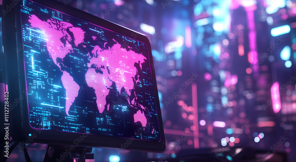 High-Tech Computer Display with Global Map Interface, AI GENERATIVE High-Tech Computer Display with Global Map Interface, AI GENERATIVE