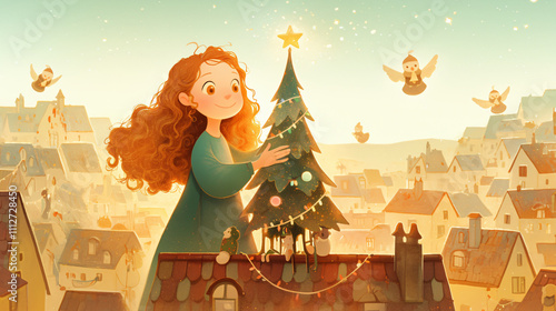 Festive Angel Spreading Cheer: A Cartoon Angel Decorating Christmas Tree in Snowy Town Square Amid Joyful Community