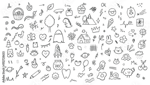 Cute kids elements, preschool kindergarten doodle icons set. Daycare, children drawings, flower, rainbow, cloud, sun, heart in sketch style. Hand drawn vector illustration isolated on white background