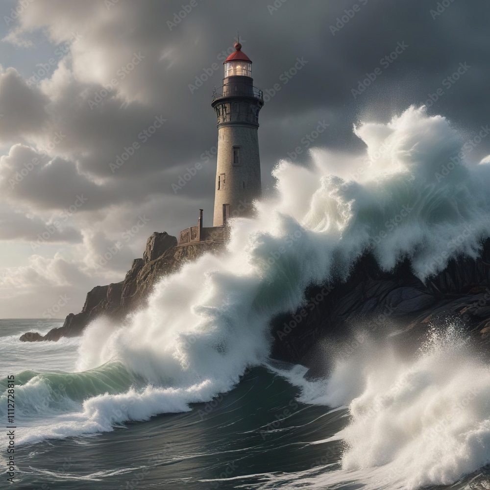 a massive wave crashes against a lighthouse on a rocky coastline, weathered stone, waves pounding, coastal defense a massive wave crashes against a lighthouse on a rocky coastline, weathered stone, waves pounding, coastal defense