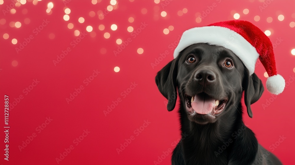 Happy Black Labrador in Santa Hat with Twinkling Lights on Red Background for Festive Holiday Celebrations and Christmas Cheer Happy Black Labrador in Santa Hat with Twinkling Lights on Red Background for Festive Holiday Celebrations and Christmas Cheer