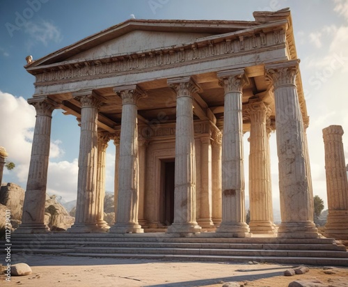 Ancient Greek temple with Doric columns and triangular pediment , agia triada, paros, ancient