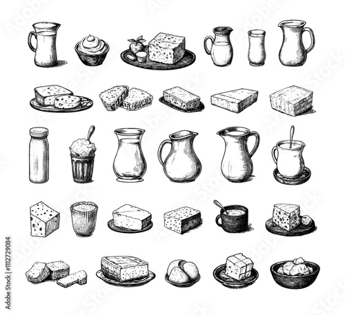 Engraved dairy products. Jug of milk with butter cottage cheese and yogurt, organic fresh nutrition protein production farm rural hand made food, retro ink sketch monochrome isolated vectors