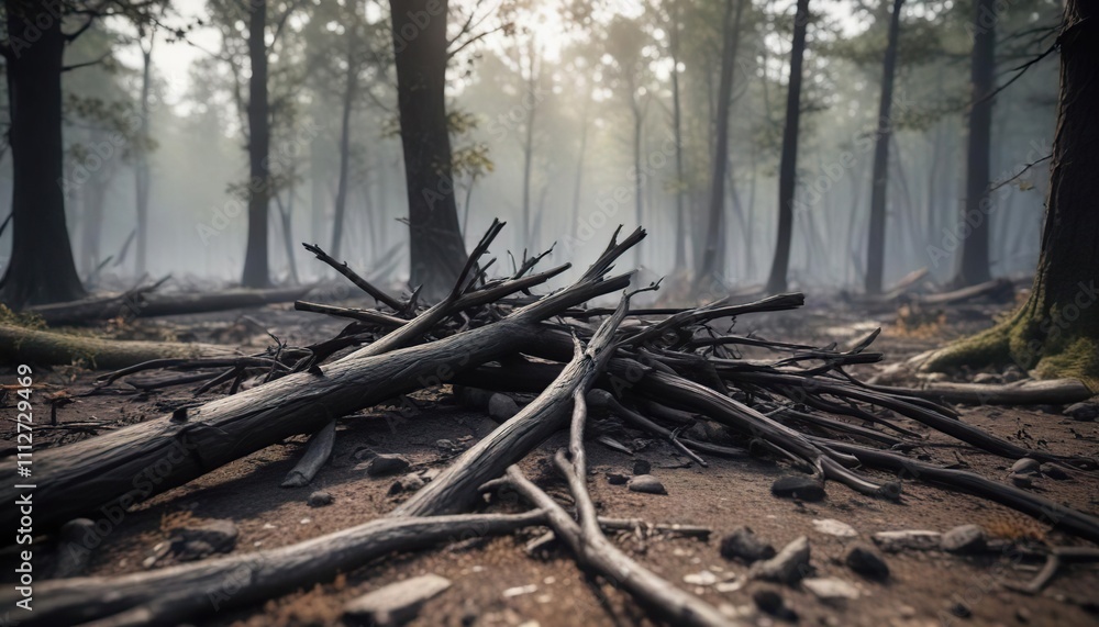 A pyre of charred and broken tree limbs on a forest floor, broken tree branches, natural destruction A pyre of charred and broken tree limbs on a forest floor, broken tree branches, natural destruction