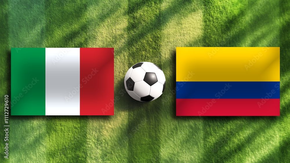 Italy and Colombia flag with soccer ball on field,copy space for text,sport concept. Italy and Colombia flag with soccer ball on field,copy space for text,sport concept.