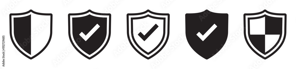 Shield check mark icon. Security shield protection icon. Shield with tick symbol. Security protection sign. Vector illustration Shield check mark icon. Security shield protection icon. Shield with tick symbol. Security protection sign. Vector illustration