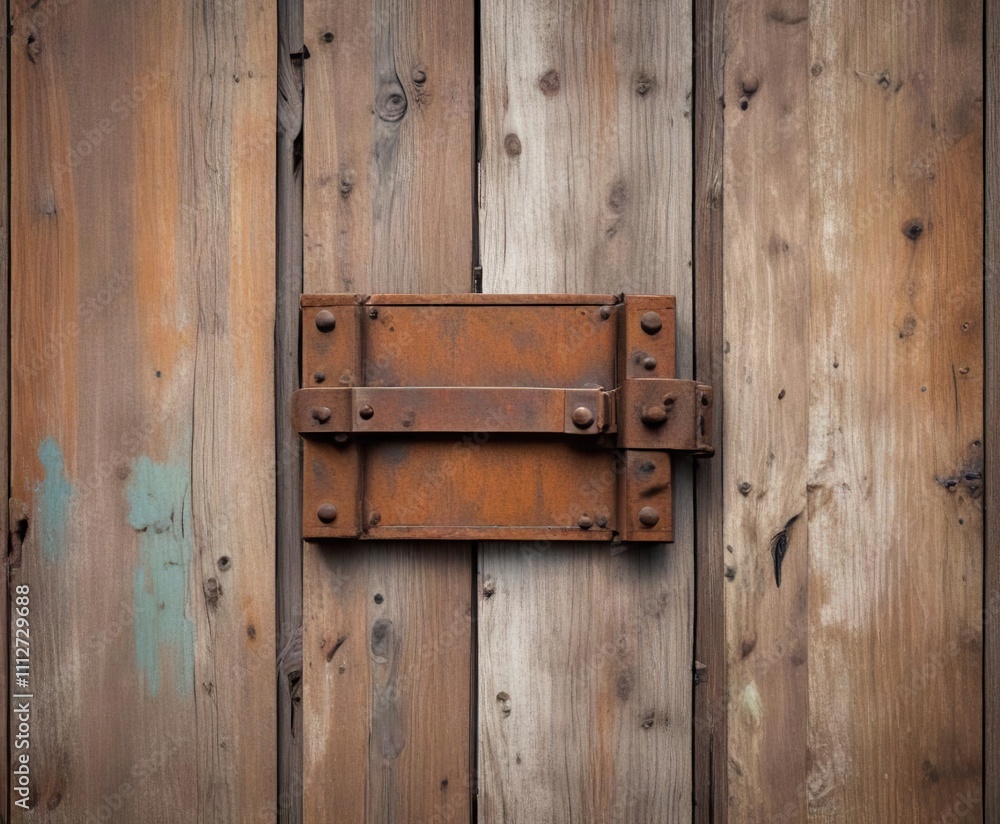 A rusty door hinge placed on a weathered wooden door surface with patina , rusty, metallic, corroded A rusty door hinge placed on a weathered wooden door surface with patina , rusty, metallic, corroded