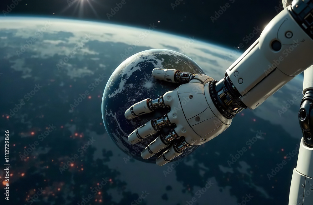 Robot astronaut space, artificial intelligence hold planet hands. AI Generative Robot astronaut space, artificial intelligence hold planet hands. AI Generative