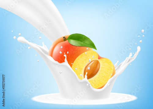 Fresh ripe apricot falls into a splash of yogurt or milk, cocktail splash with drops, Milkshake splash with sweet juicy fruit. Realistic 3d vector illustration