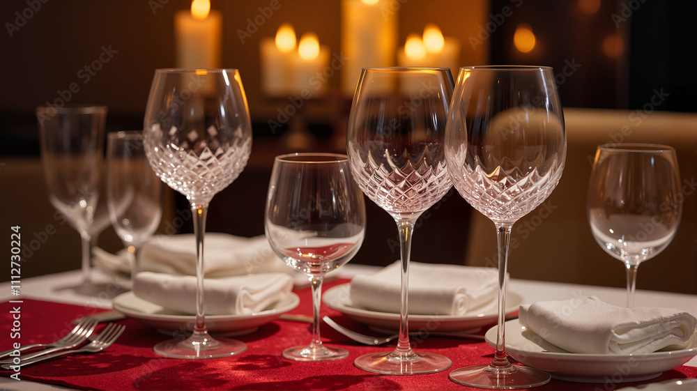 Crystal wine glasses and candles on a red tablecloth for a festive dining atmosphere Crystal wine glasses and candles on a red tablecloth for a festive dining atmosphere