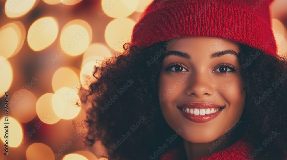 Festive Holiday Portrait of Smiling Woman in Warm Red Hat with Bokeh Lights in Background for Christmas Event Website and Promotional Content Festive Holiday Portrait of Smiling Woman in Warm Red Hat with Bokeh Lights in Background for Christmas Event Website and Promotional Content