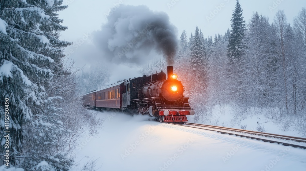 Historic Steam Locomotive on Snowy Track with Glowing Light in Winter Forest Landscape, Xmas Vintage Train Journey Through Winter Wonderland, Nostalgic Travel Experience Amidst Falling Snowflakes Historic Steam Locomotive on Snowy Track with Glowing Light in Winter Forest Landscape, Xmas Vintage Train Journey Through Winter Wonderland, Nostalgic Travel Experience Amidst Falling Snowflakes