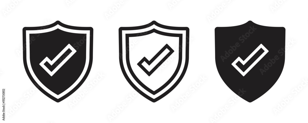 Shield check mark icon. Security shield protection icon. Shield with tick symbol. Security protection sign. Vector illustration Shield check mark icon. Security shield protection icon. Shield with tick symbol. Security protection sign. Vector illustration