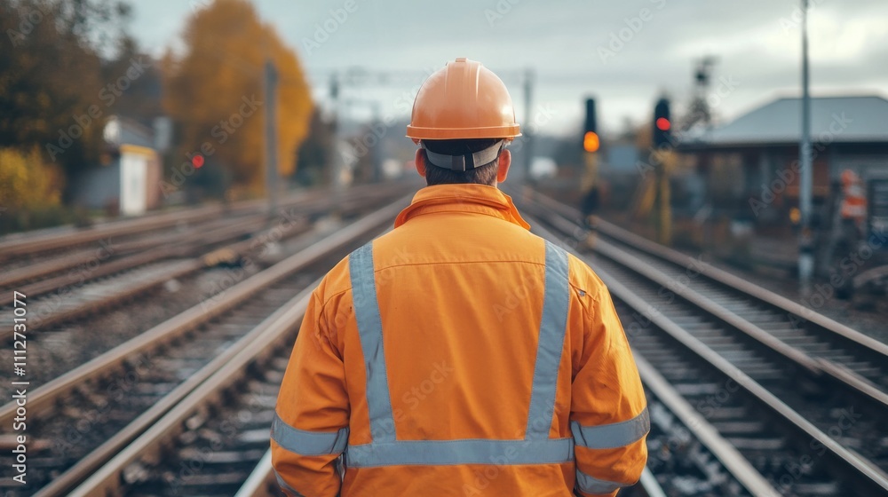 A worker dressed in bright safety attire walks away from the camera on railway tracks. The environment features overcast skies and signaling lights, indicative of an active rail system A worker dressed in bright safety attire walks away from the camera on railway tracks. The environment features overcast skies and signaling lights, indicative of an active rail system