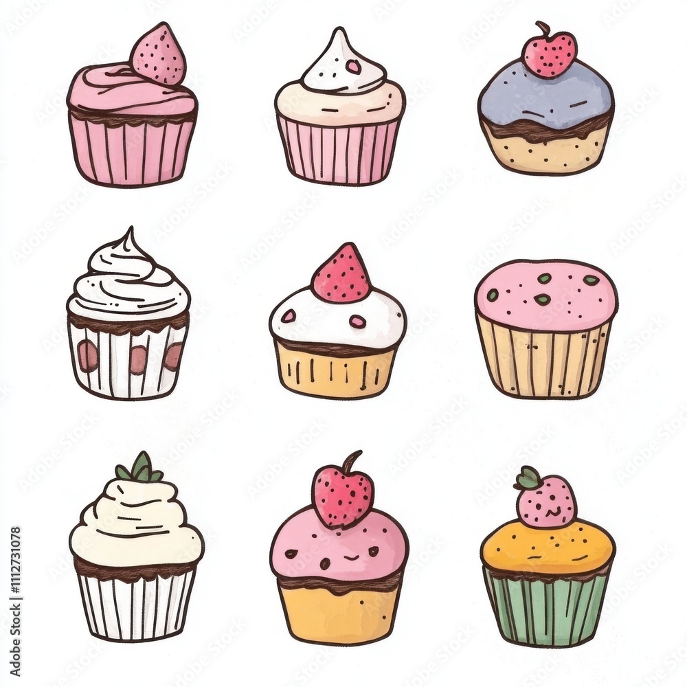 Colorful and Whimsical Cupcakes Collection with Strawberries and Creamy Frosting in Hand-Drawn Style Colorful and Whimsical Cupcakes Collection with Strawberries and Creamy Frosting in Hand-Drawn Style