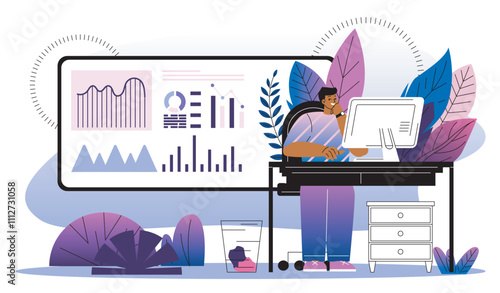 Man work with graphs. Businessman sitting at computer near charts and diagrams. Analyst conducts marketing research. Entrepreneur, trader and investor. Flat vector illustration