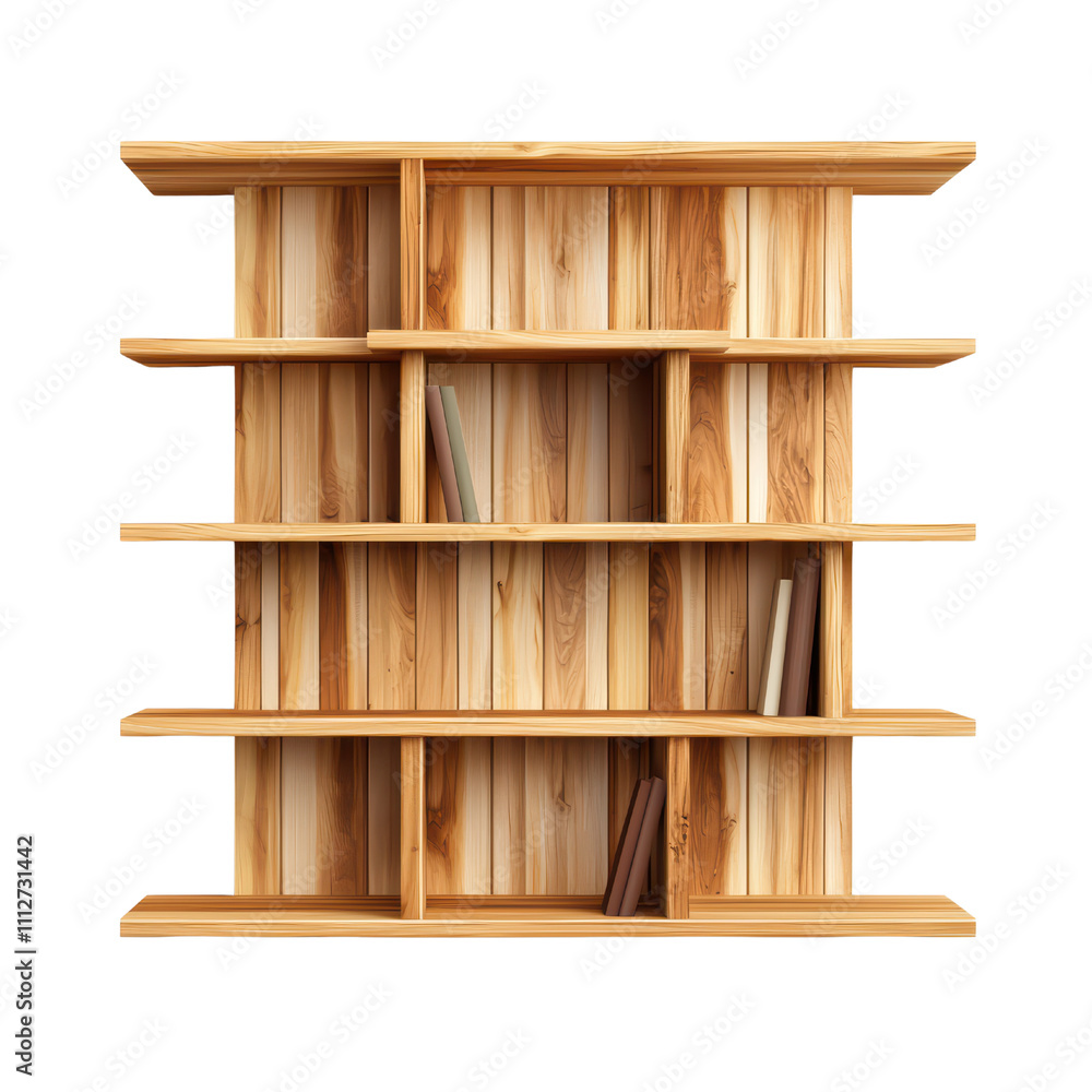 Wooden bookshelf with multiple shelves and books arranged creatively isolated on transparent background Wooden bookshelf with multiple shelves and books arranged creatively isolated on transparent background