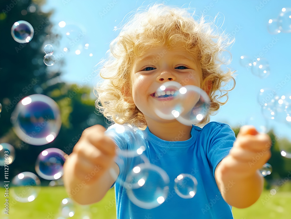 Child joyfully playing with bubbles outdoors. Child joyfully playing with bubbles outdoors.