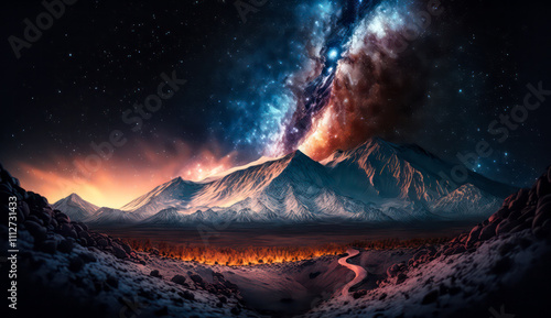 Beautiful Starry Night, Colorful Sky and Majestic Mountains under the Milky Way Galaxy, natural landscape background