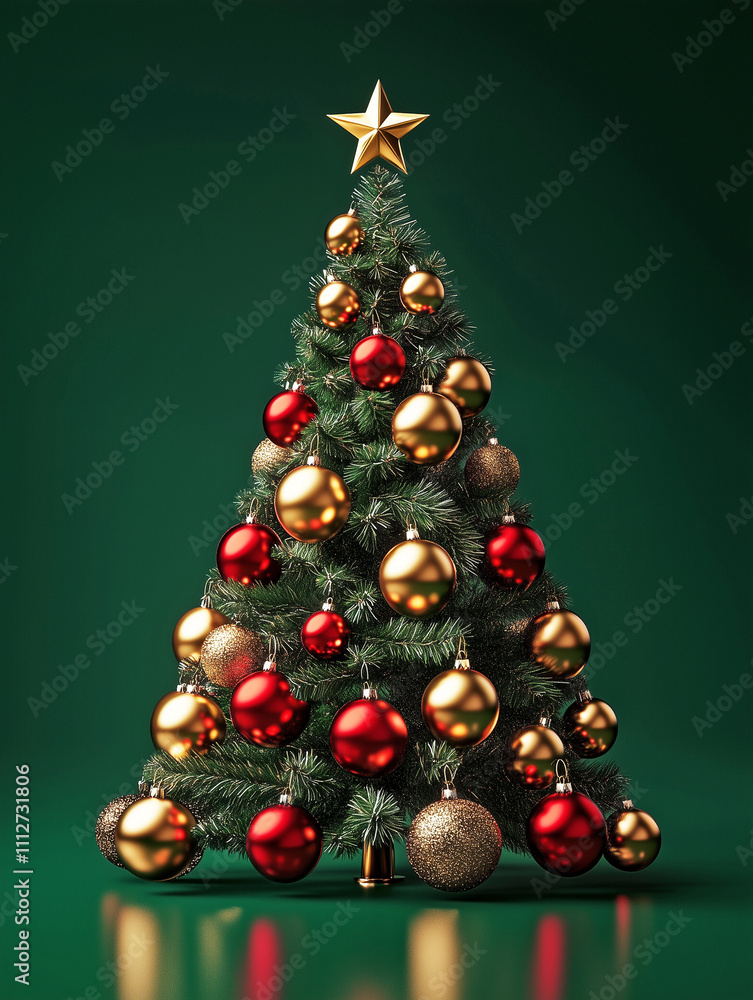 Decorated Christmas tree with a star and festive balls decorative vertical banner. Happy New Year creative concept poster. Digital illustration. AI artwork. Decorated Christmas tree with a star and festive balls decorative vertical banner. Happy New Year creative concept poster. Digital illustration. AI artwork.