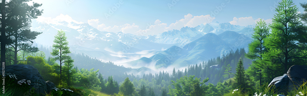 Serene Spring Forest and Mountain Landscape: A Symphony of Green Valleys and Clear Blue Skies
Serene Spring Forest and Mountain Landscape: A Symphony of Green Valleys and Clear Blue Skies